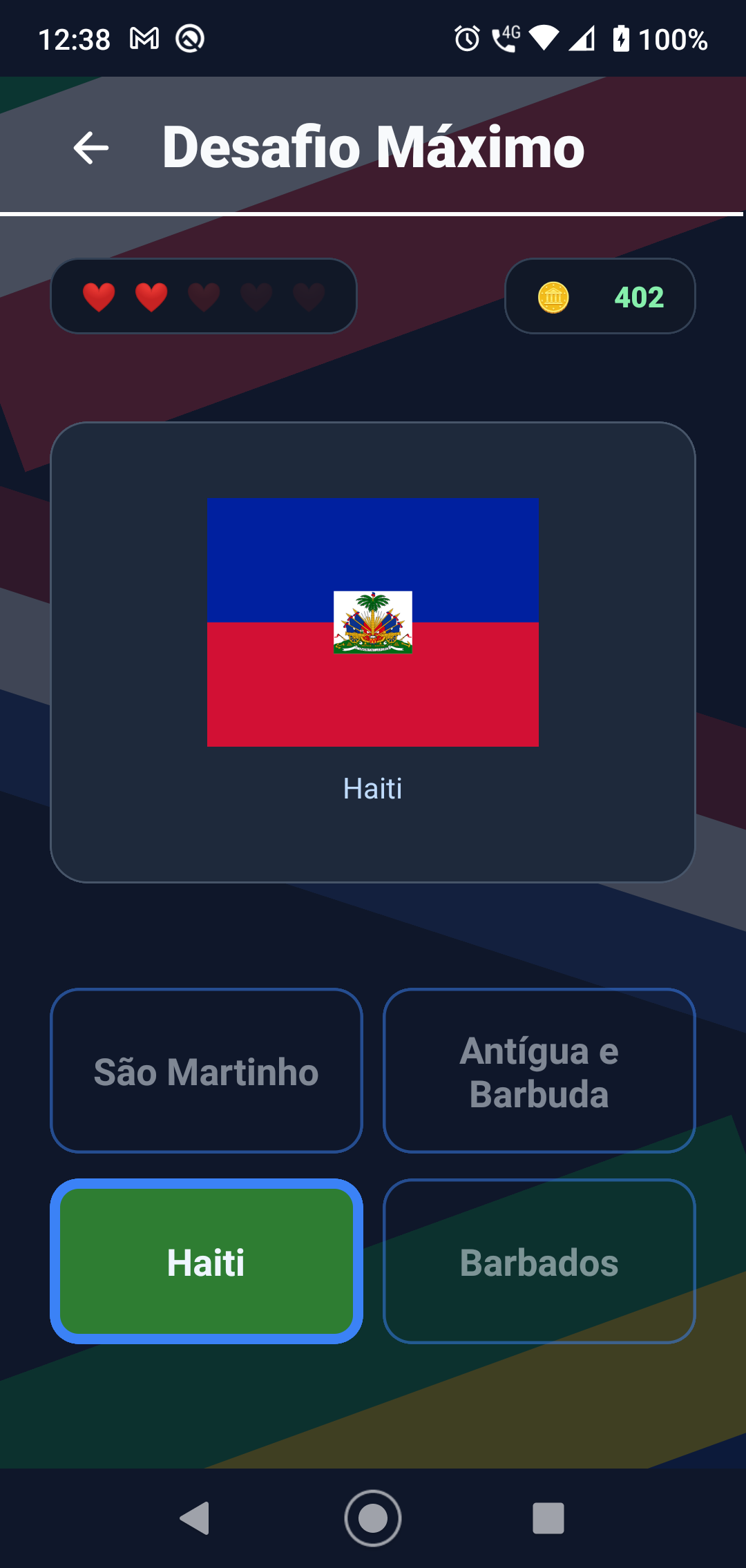 Tela da partida do jogo Advinhe a Bandeira